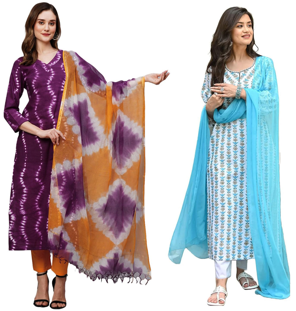ANNI DESIGNER Womens Cotton Blend Printed Straight Kurta with Pant & Dupatta Pack Of 2 (Combo-Mukhi Pink-April-Sky Blue_L_Multi