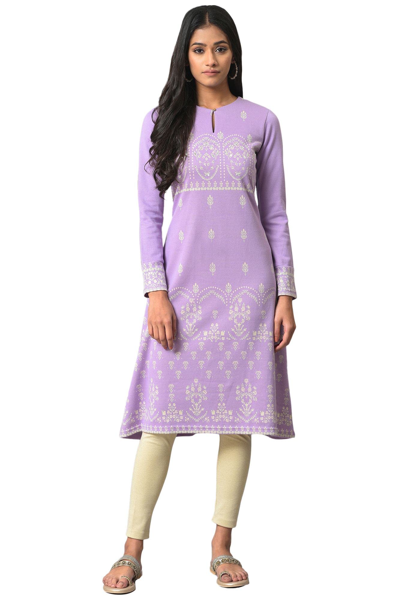 W For Woman Light Purple Jacquard A-Line Winter Kurta_22Now18505-312489_M