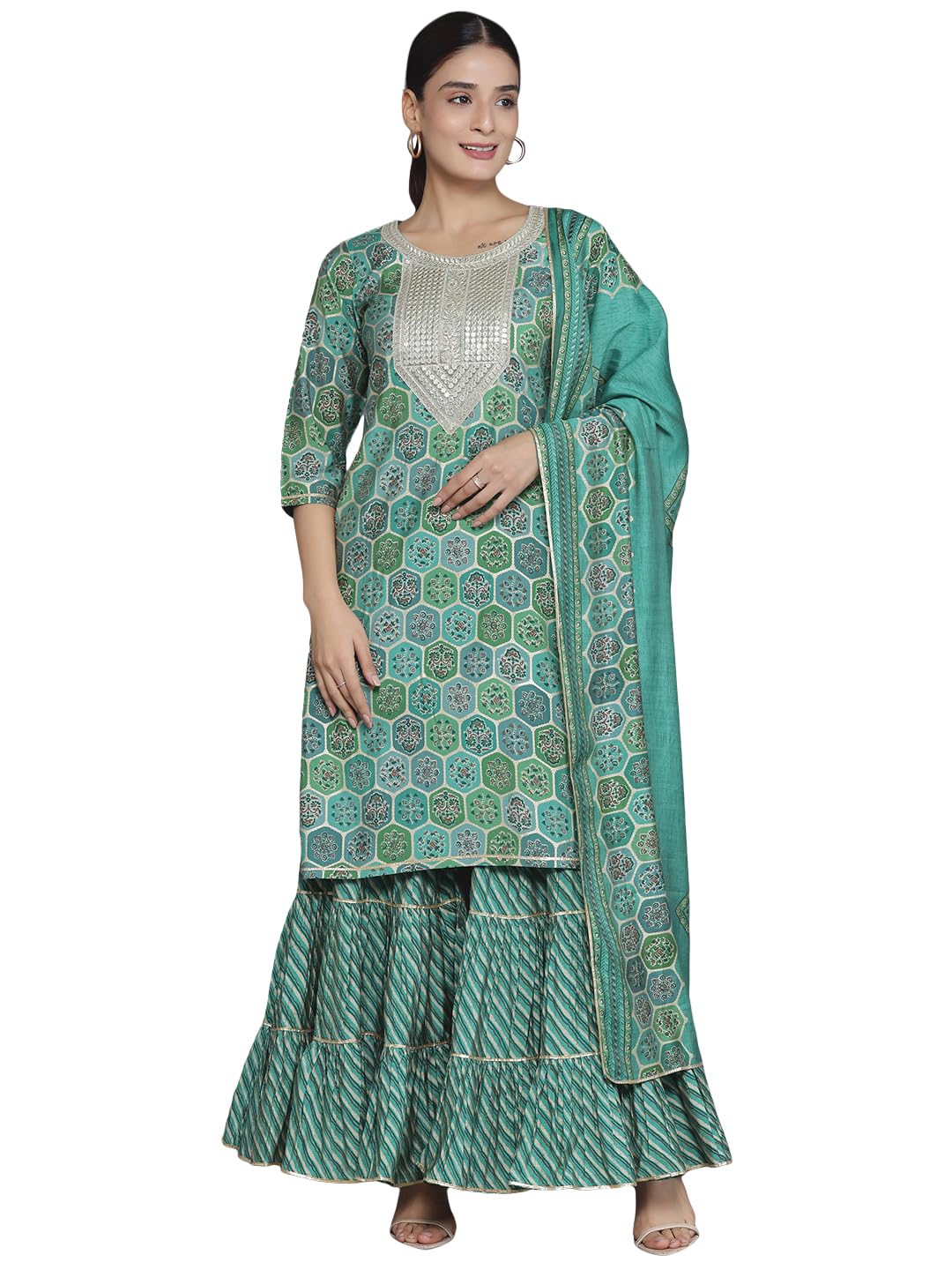 Libas Womens Printed Silk Blend Straight Kurta With Sharara And Dupatta