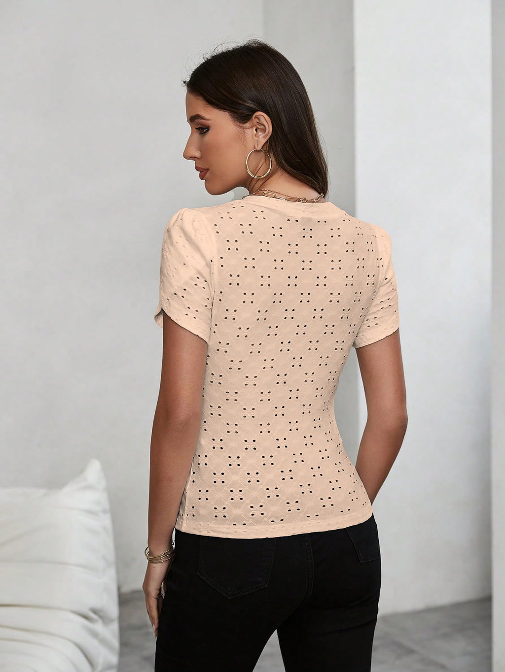Sugathari Girls & Womens Beige Eyelet Embroidery Knitted V Neck Casual Slim Fit Women T-Shirt, Short Sleeve Schiffli Crop Top,