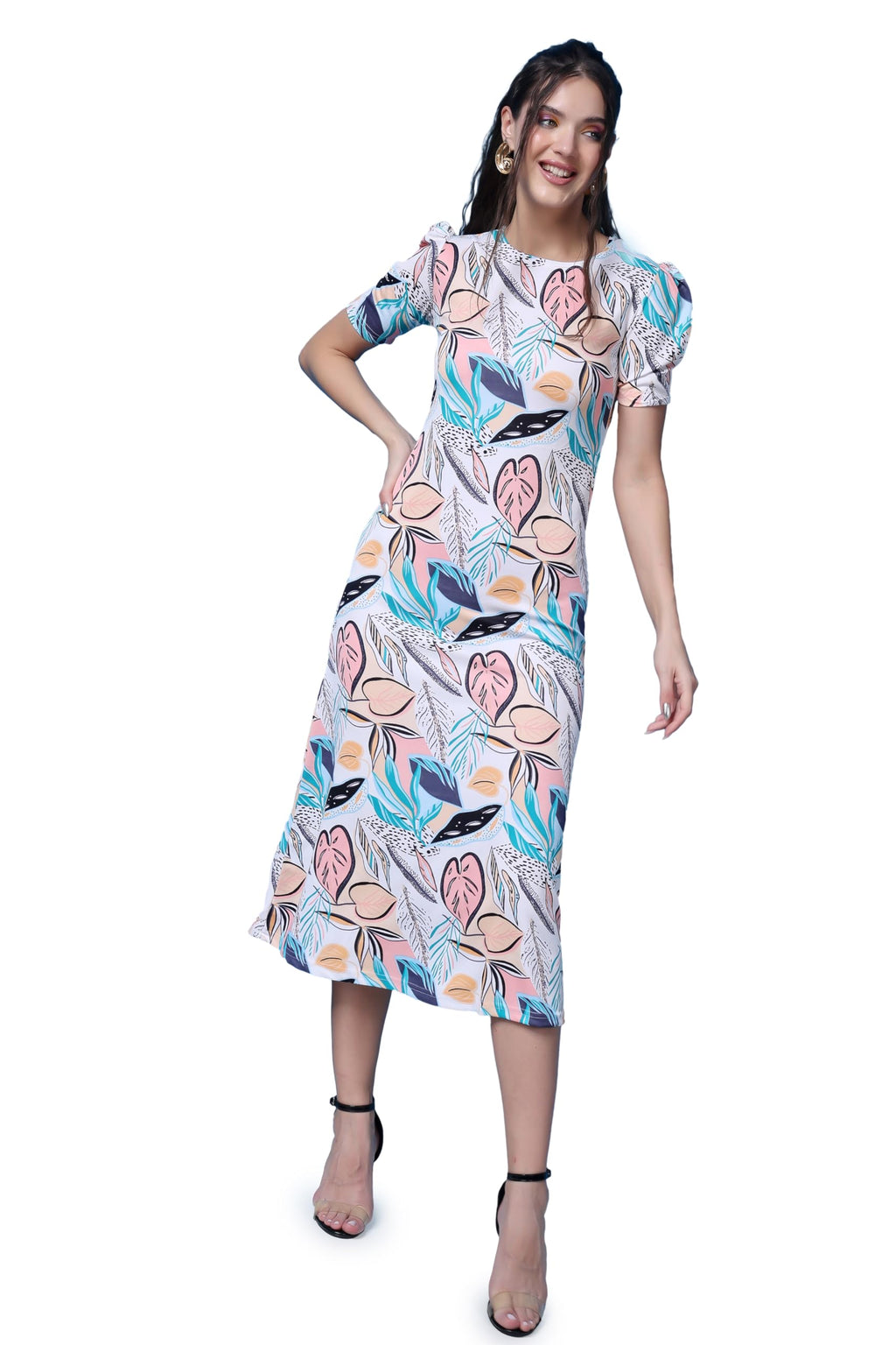 Popwings Casual Abstract Printed Midi Dress For Women | Half-Sleeves Long Dress For Women | Round-Neck Women Stylish Dress Off W