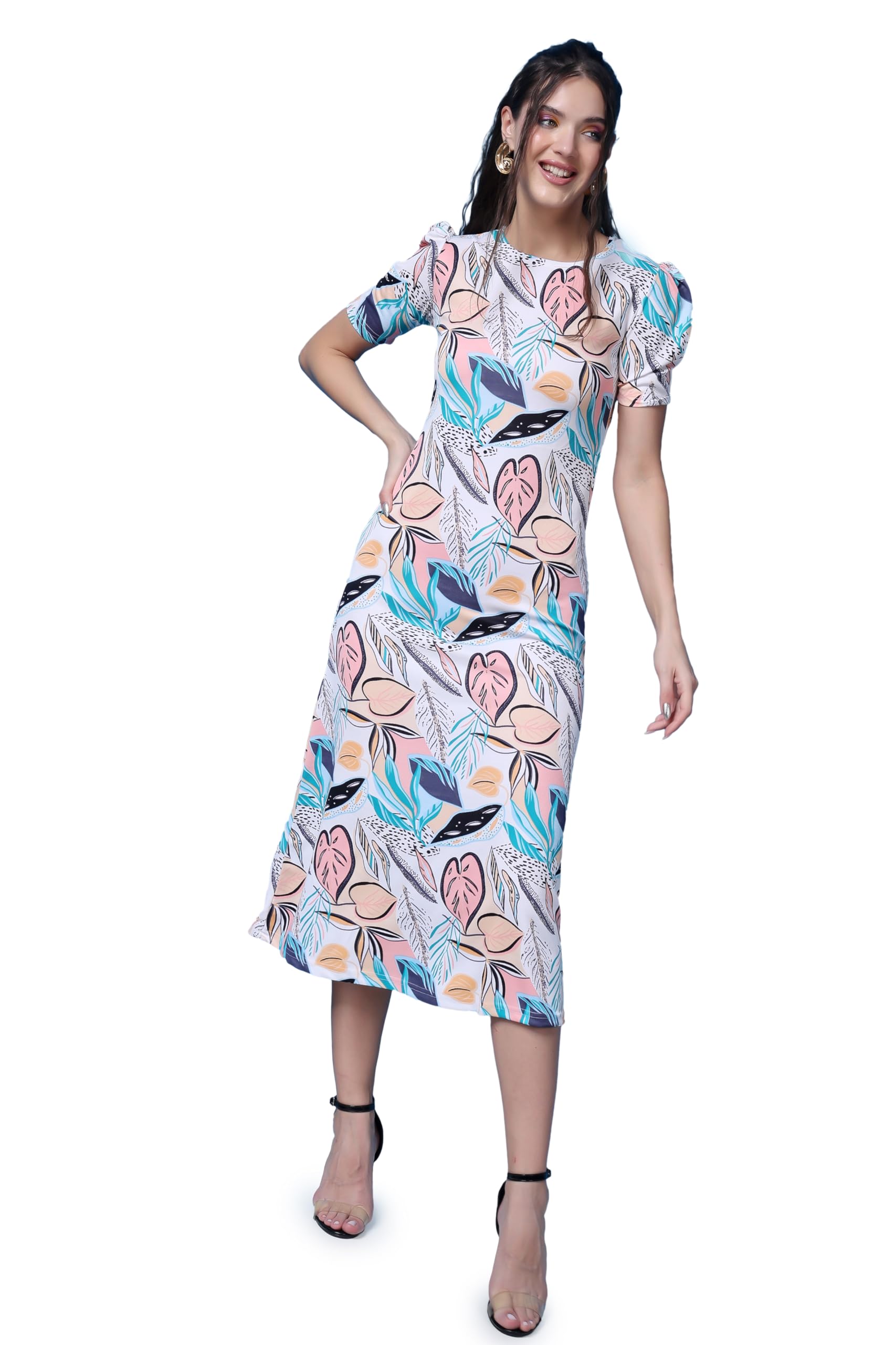 Popwings Casual Abstract Printed Midi Dress For Women | Half-Sleeves Long Dress For Women | Round-Neck Women Stylish Dress Off W