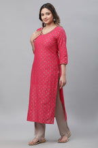 Aurelia Pink Geometric Printed Printed Cotton Straight Long Kurta With Lace