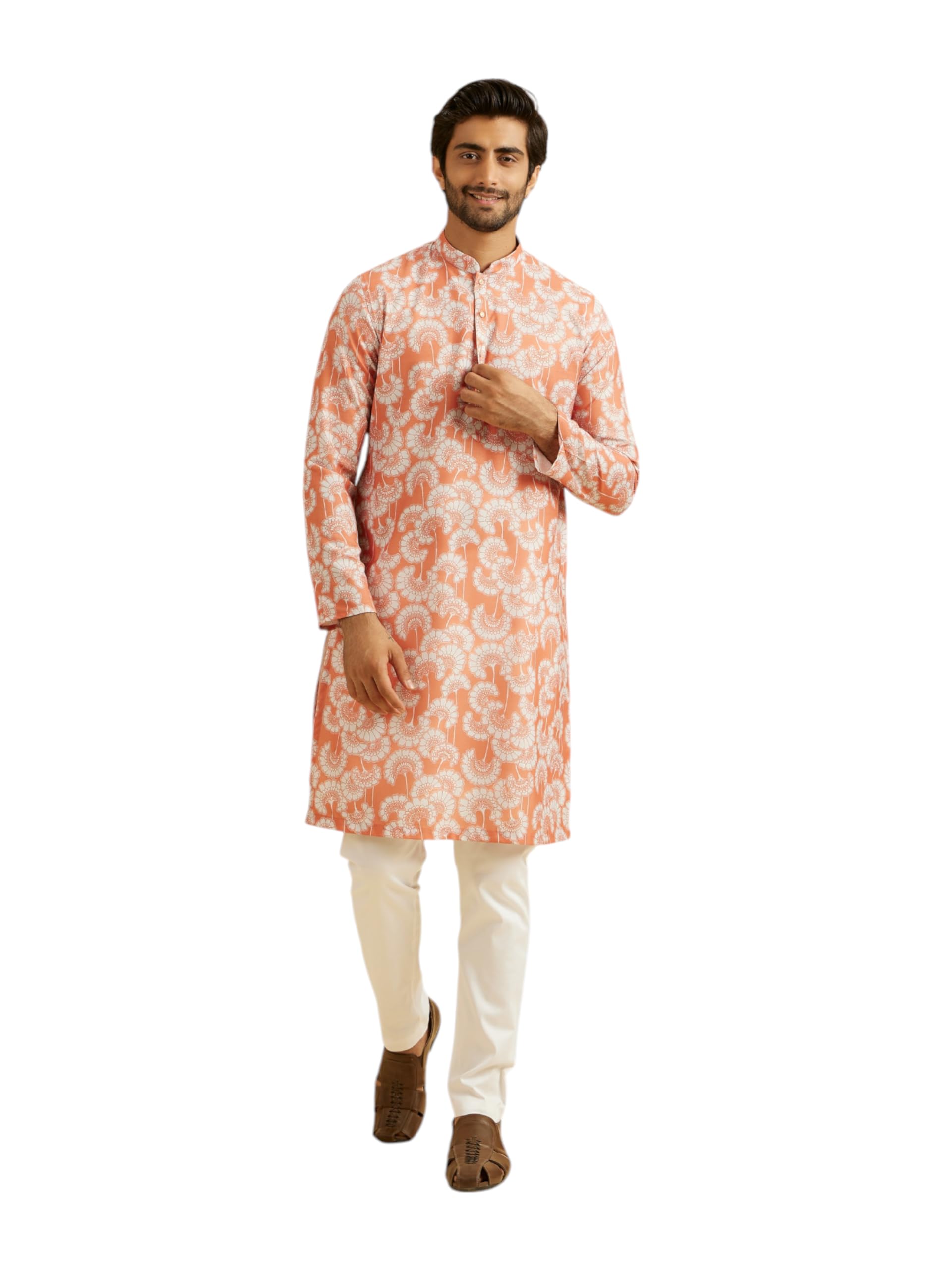 Manyavar Mens Cotton Blend Floral Print Casual Kurta (Orange,XXXL)