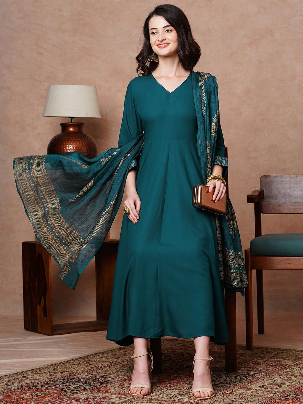 ANNI DESIGNER Womens Rayon Blend Solid Anarkali Kurta with Pant & Dupatta (Magic-KEROSIN-NDM_M_Dark Blue_Medium)