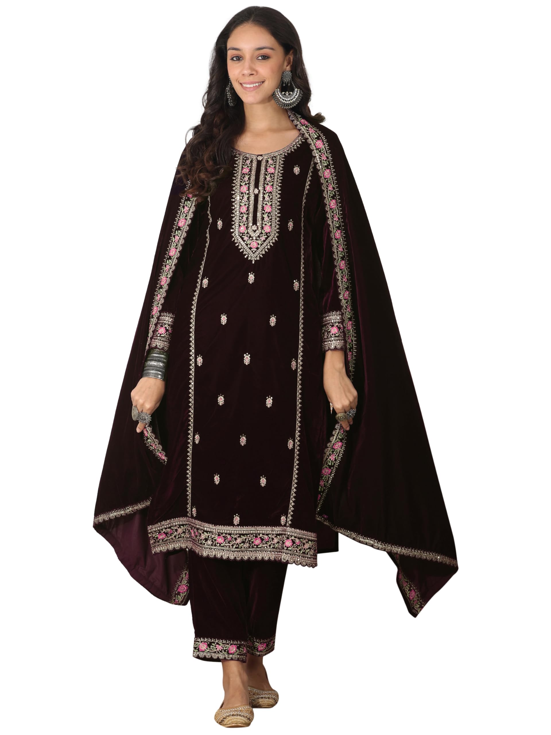 Libas Burgundy Embroidered Velvet Straight Kurta Set For Women