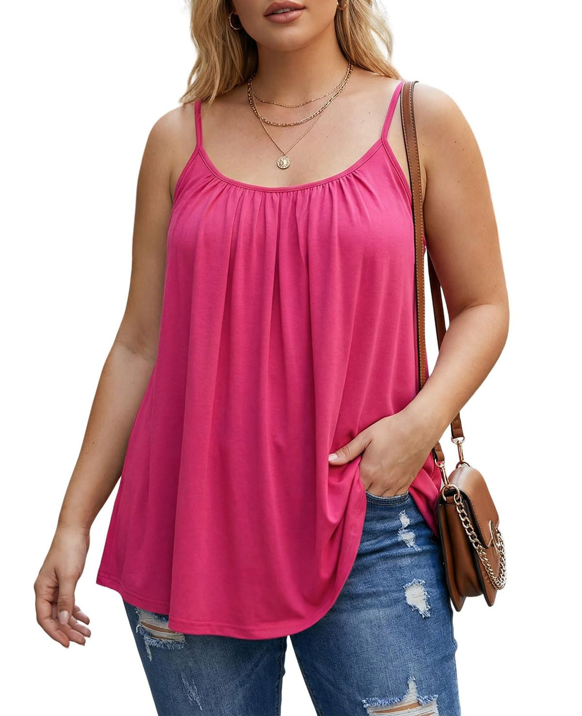 7Th Element Plus Size Tank Tops For Women, Flowy Spaghetti Strap Camisole, Sleeveless Summer Blouse, A1  Hot Pink, 1X 1