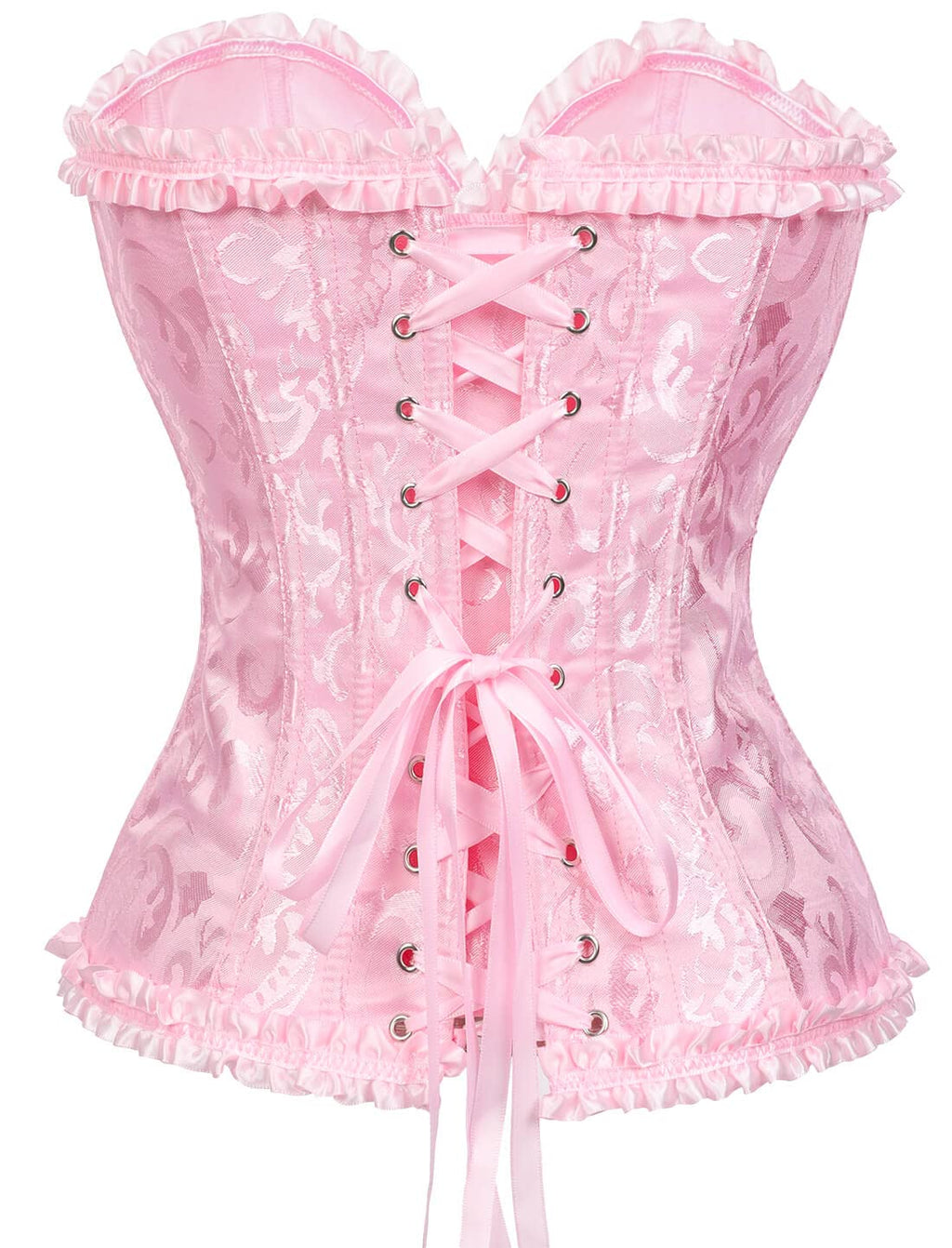 SHYMMUO Women's Lacing Corset Top Satin Floral Boned Overbust Body Shaper Bustier Pink S