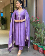 ANNI DESIGNER Women s viscose rayon embroidered straight Kurta with trousers and dupatta, purple, Small