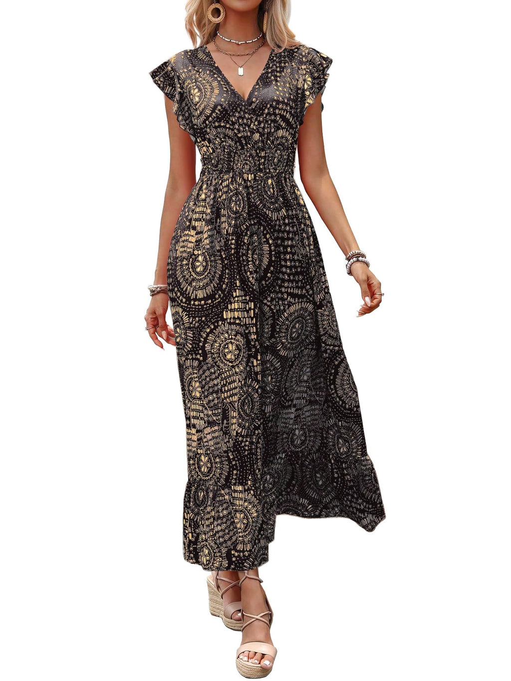 Shasmi Womens & Girls Boho Black V-Neck Printed Dress With Ruffled Hem And Belted Waist For Vacation, One Piece Maxi For Womens 