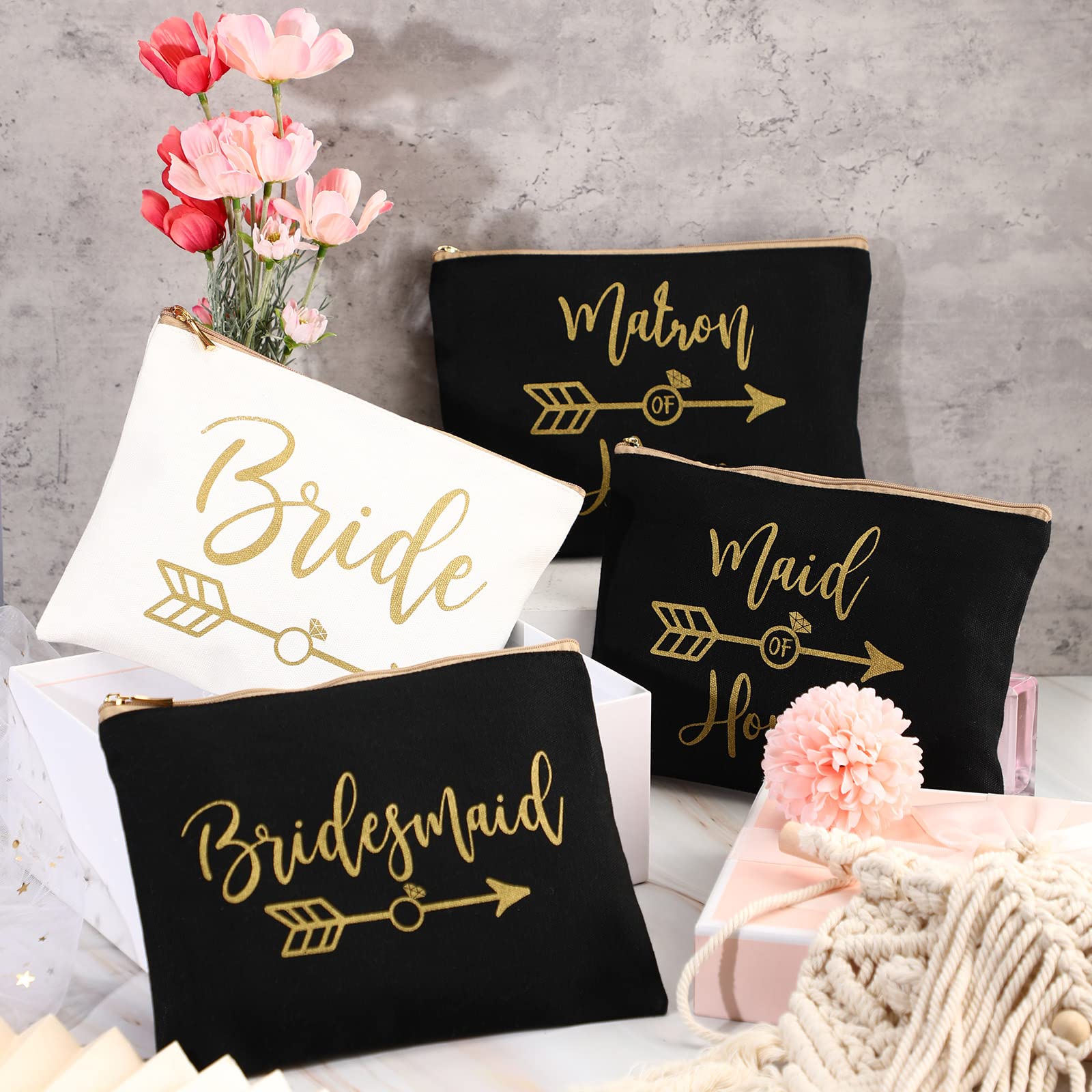 8 Pieces Bridesmaids Wedding Bridal Makeup Bag Cosmetic Canvas Bag Matron of Honor Print Cosmetic Bag for Women Brides Bridesmai