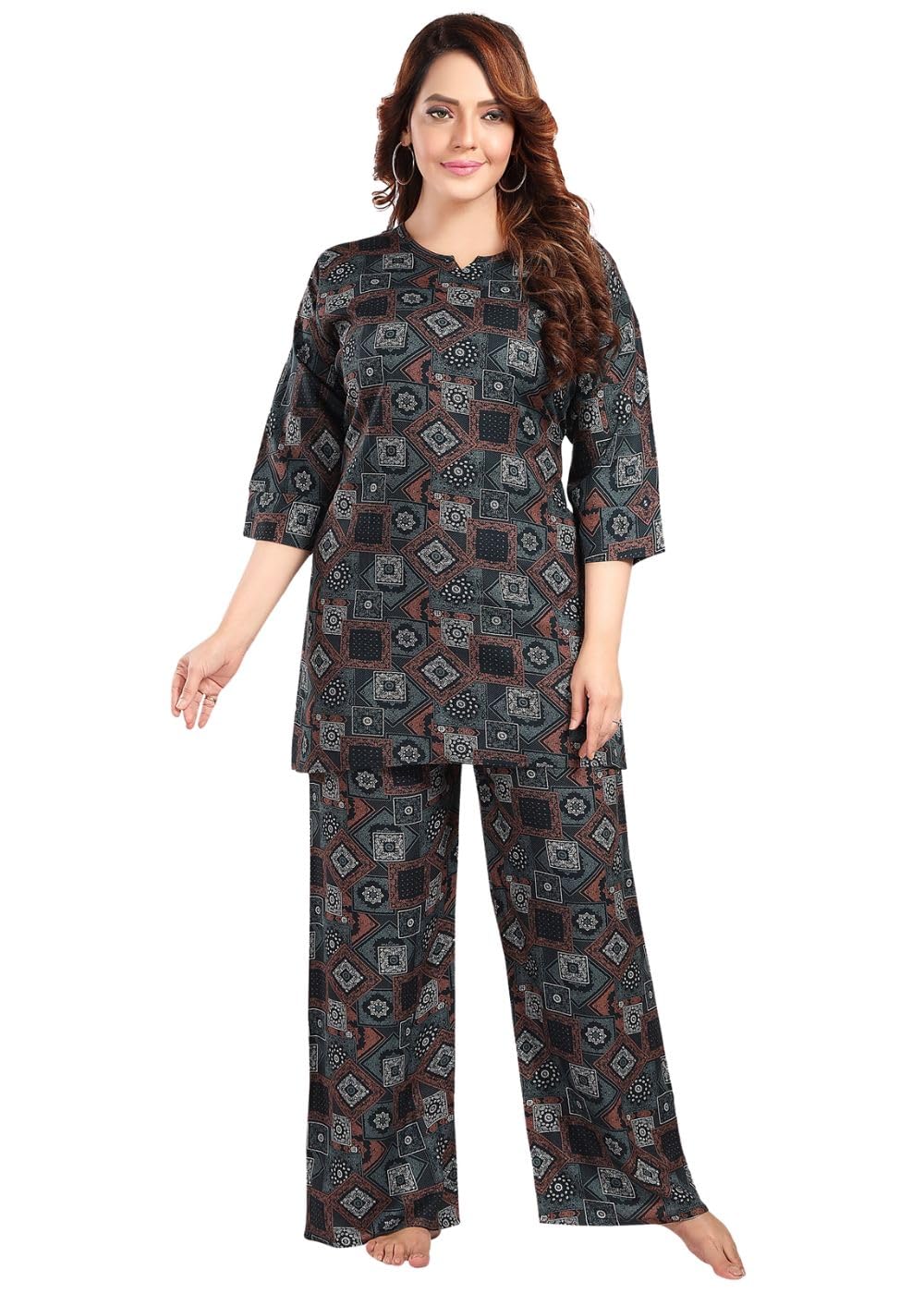 Fabme Women'S Geomatric Print, Dark Green, All Over Print Rayon Coord Set