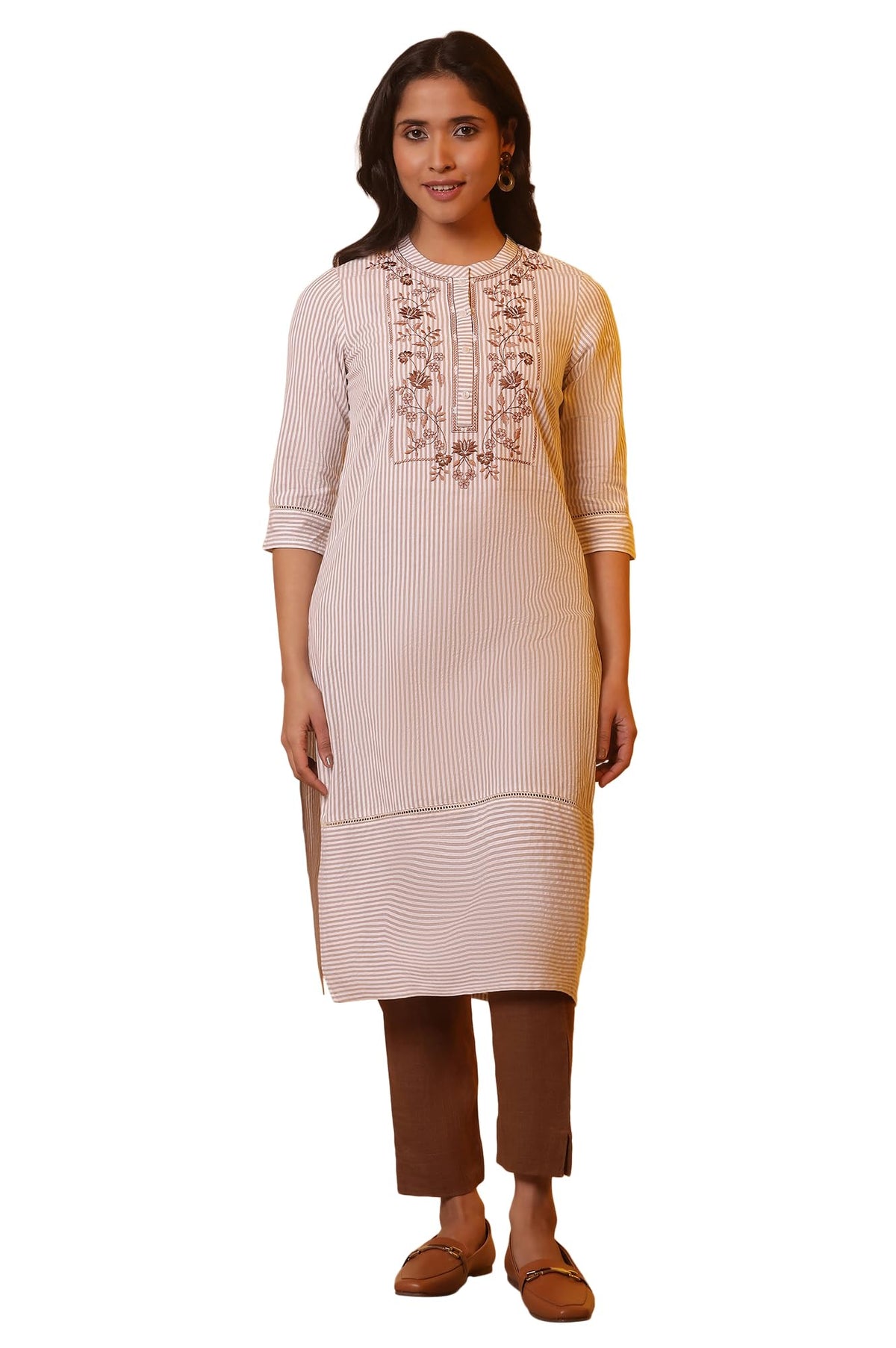 Aurelia Women Off White Striped Cotton Straight Kurta_24Fea15025_L