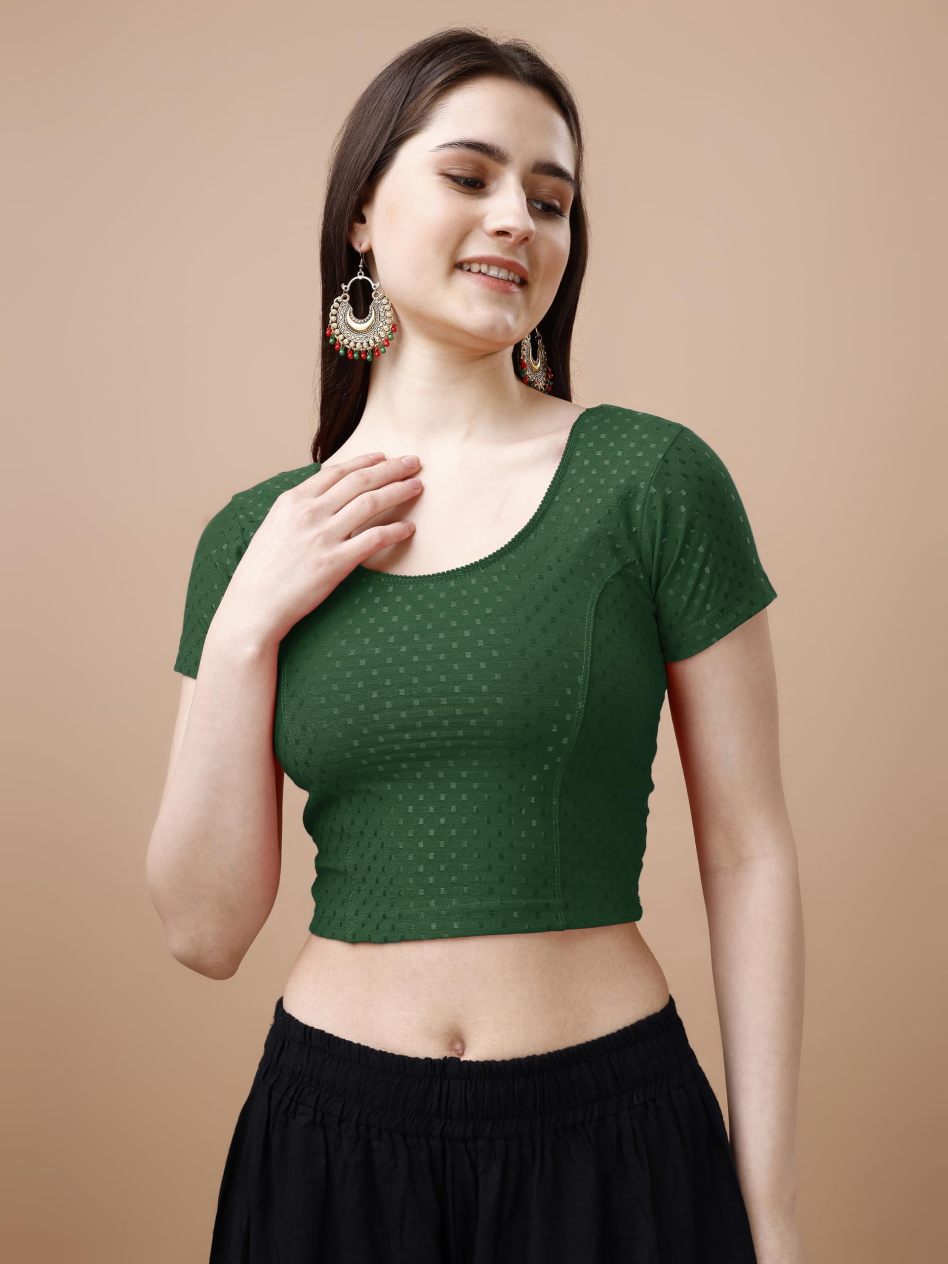 Pujia Mills WomenS Readymade Dobby Cotton Lycra Stretchable Round Neck Short Sleeve Blouse Fancy Green Color Lycra Stretchable