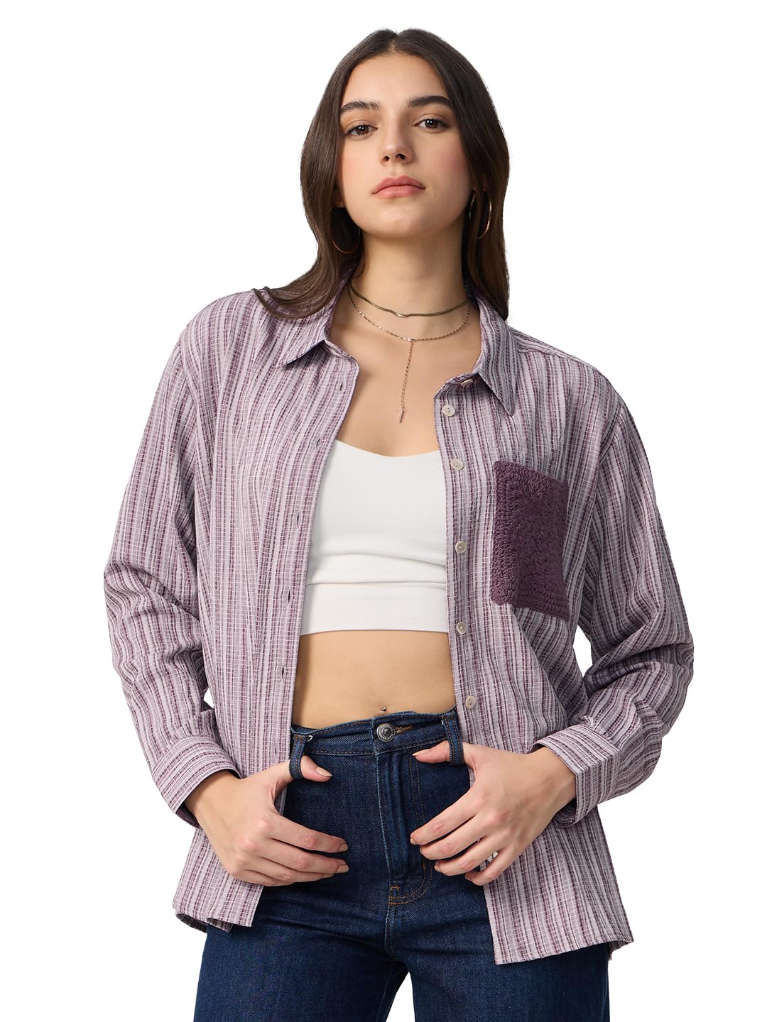 The Souled Store Moonlight Women and Girls Long Sleeves Collared Neck Button Front Purple All Over Printed Regular Fit Cotton Sh