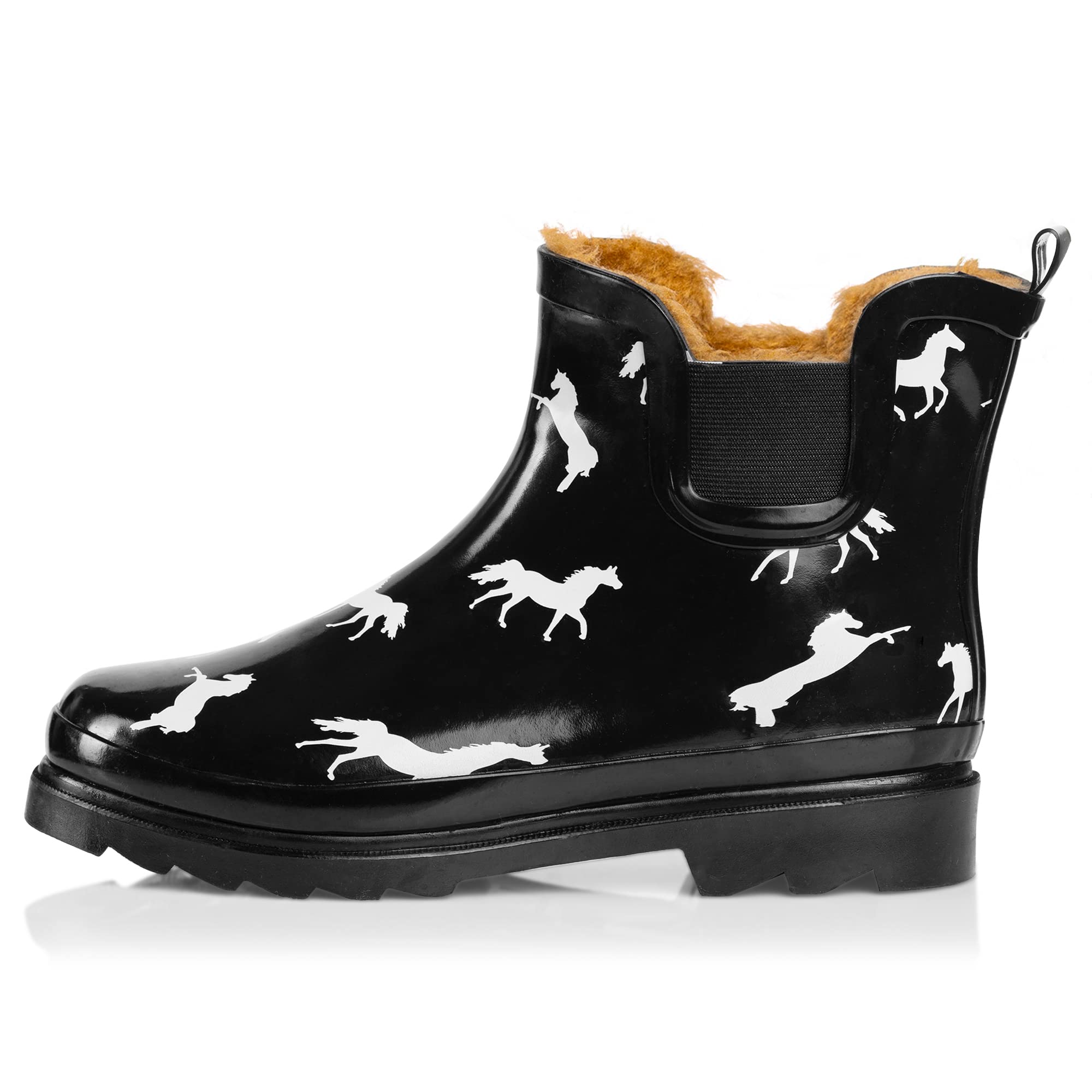 NORTY - Womens Ankle Rain Boots - Ladies Waterproof Winter Spring Garden Boot Fur Horse Black Size 8