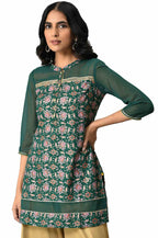 Green Floral Printed Sequined Ethnic Liva Kurta