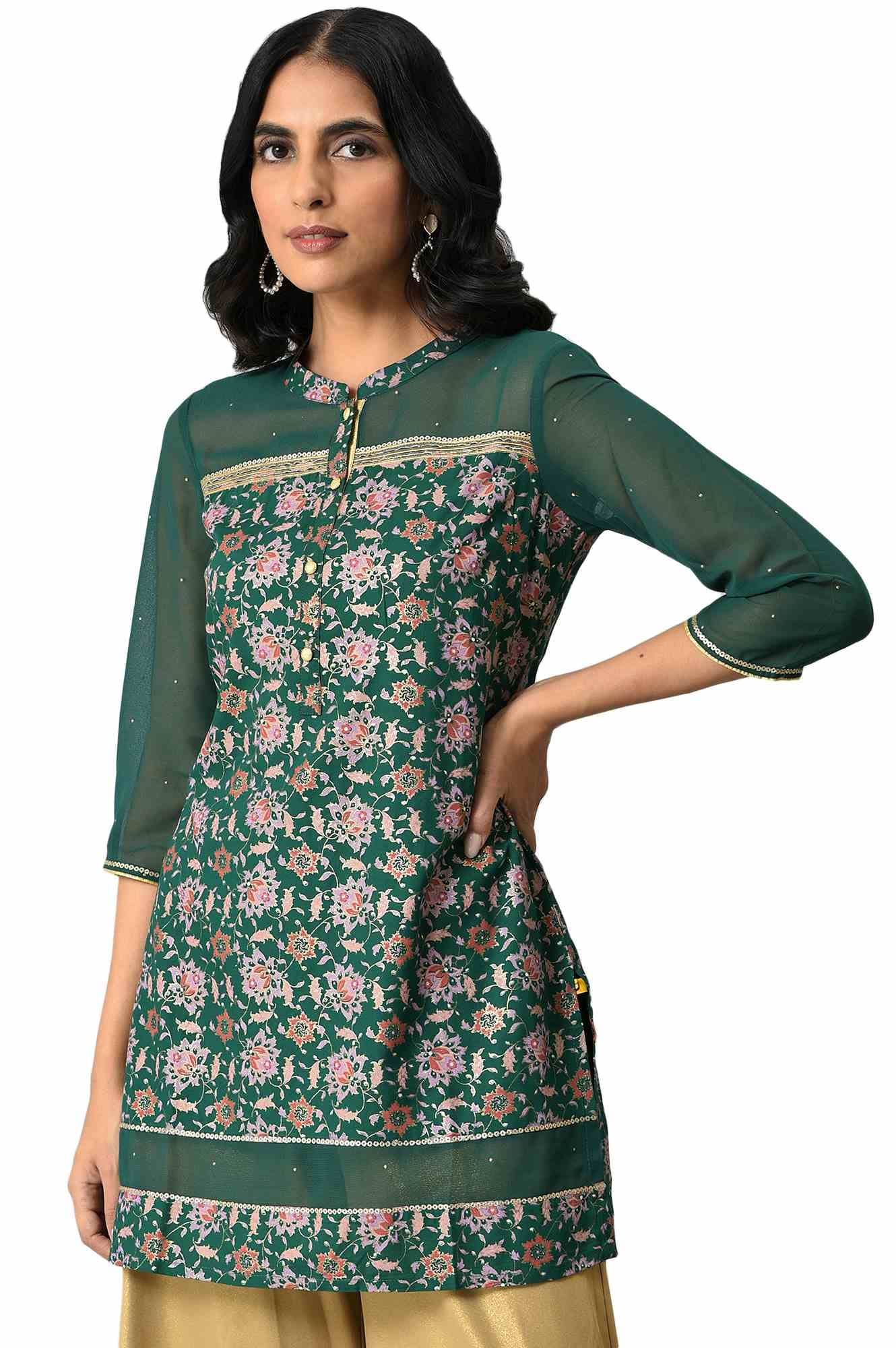Green Floral Printed Sequined Ethnic Liva Kurta