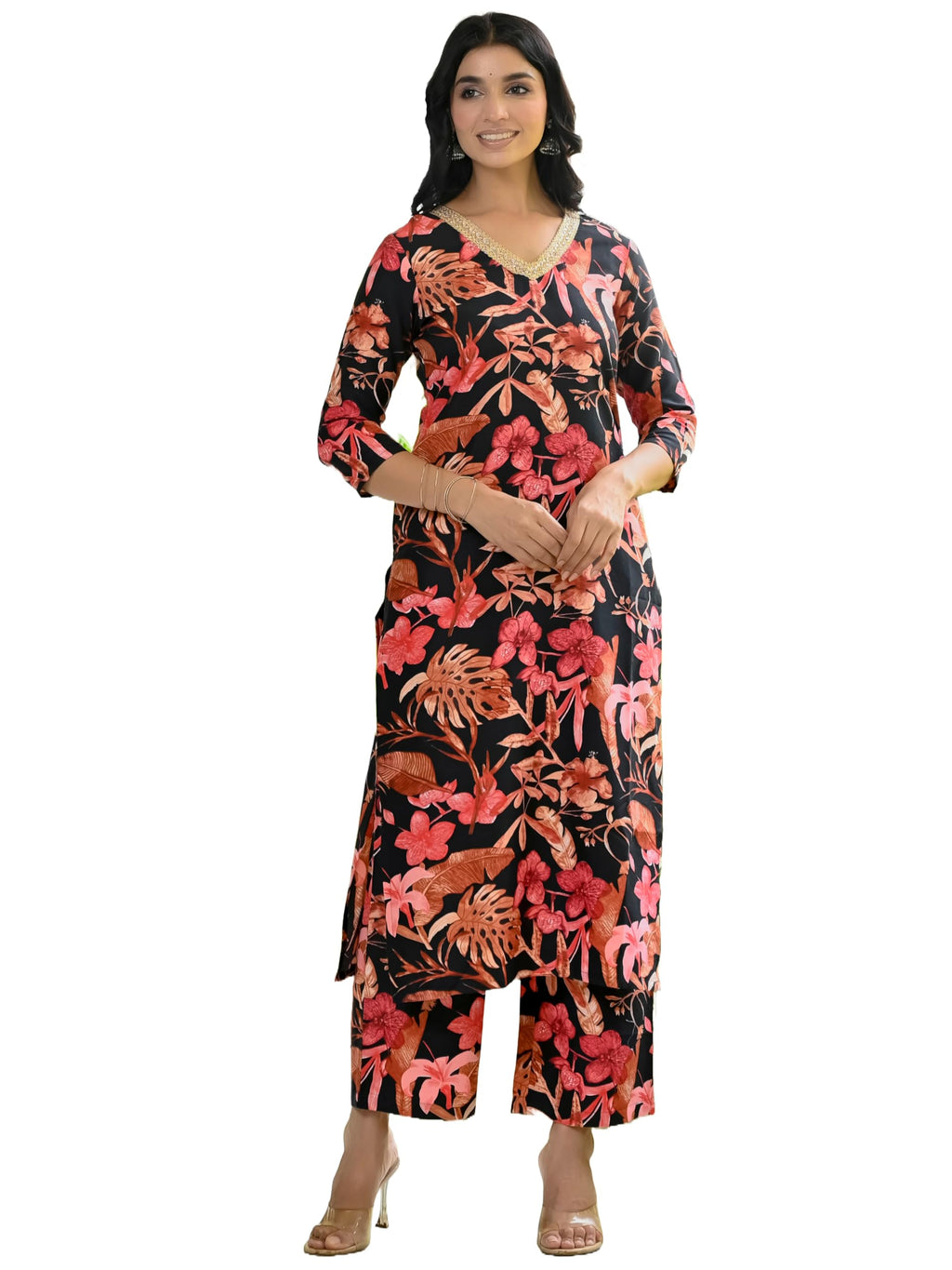 ANNI DESIGNER Womens Cotton Blend Straight Printed Kurta with Palazzo (Chinki Black_M_Black_Medium)