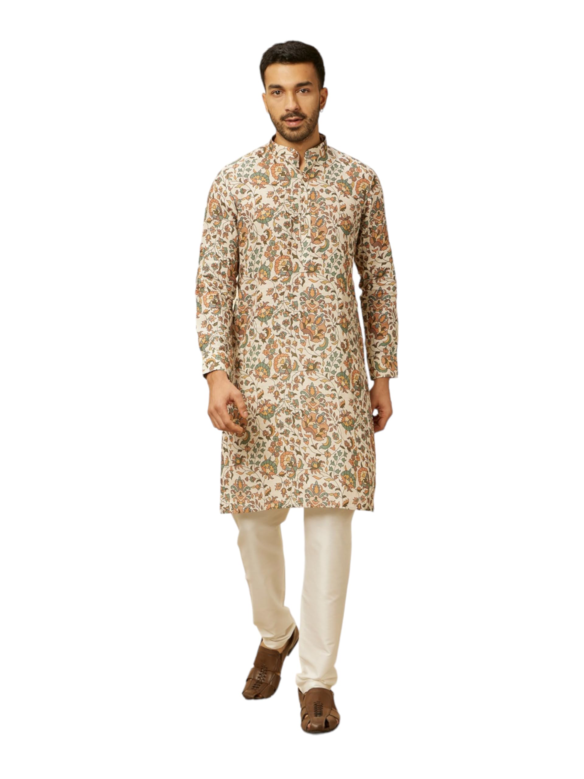 Manyavar Beige Linen Digital Print Kurtas