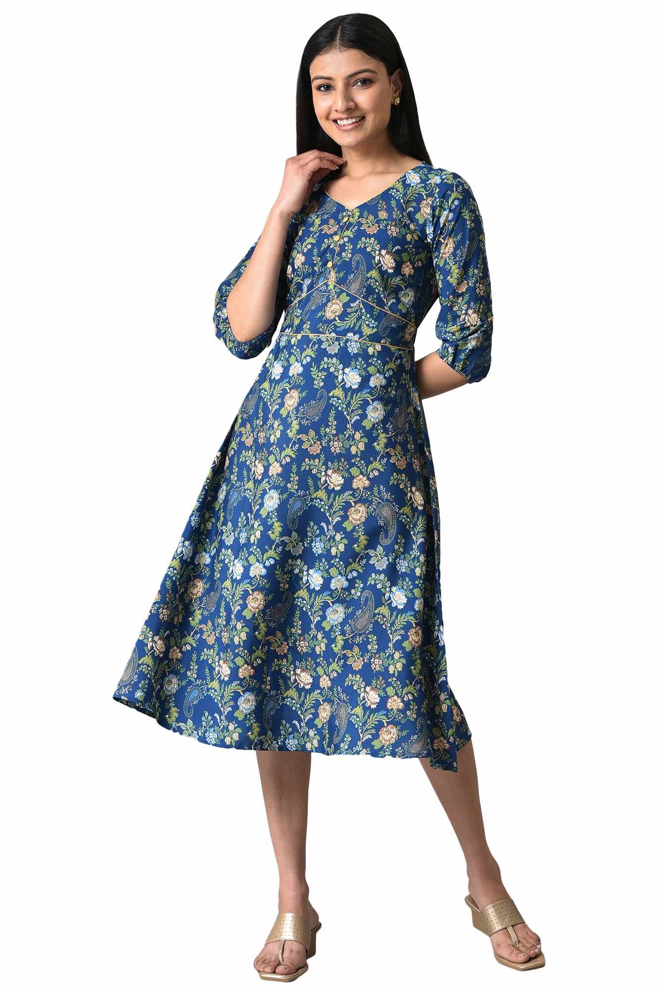 Blue Floral Printed A-Line Dress