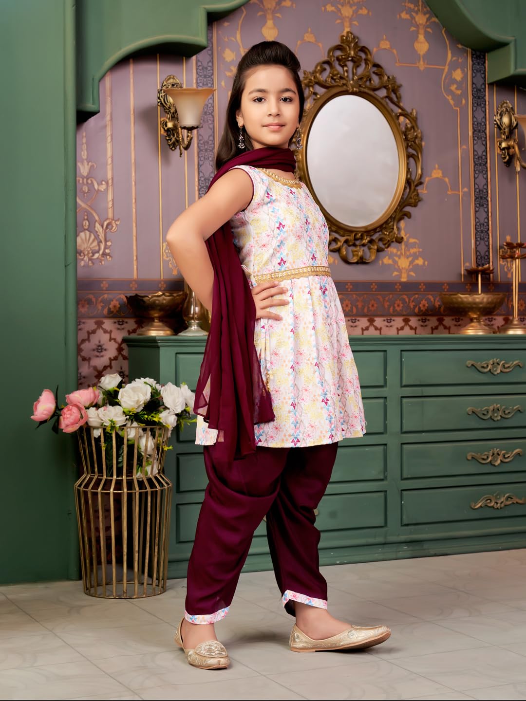 Aarika Girls Ethnic Wear Purple-White Colour Sequin Embroidery Lace Work Polycrepe Kurti Patiala Set With Dupatta-3-13 Years (Pt