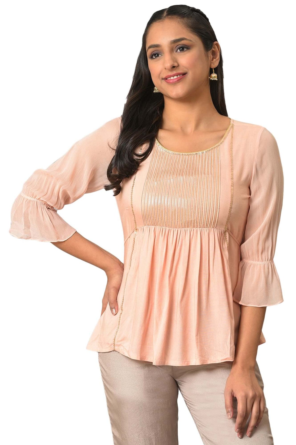 Aurelia Womens Rayon Solid Regular Peach A-Line Sequined Kurti (23FEA30340-605308