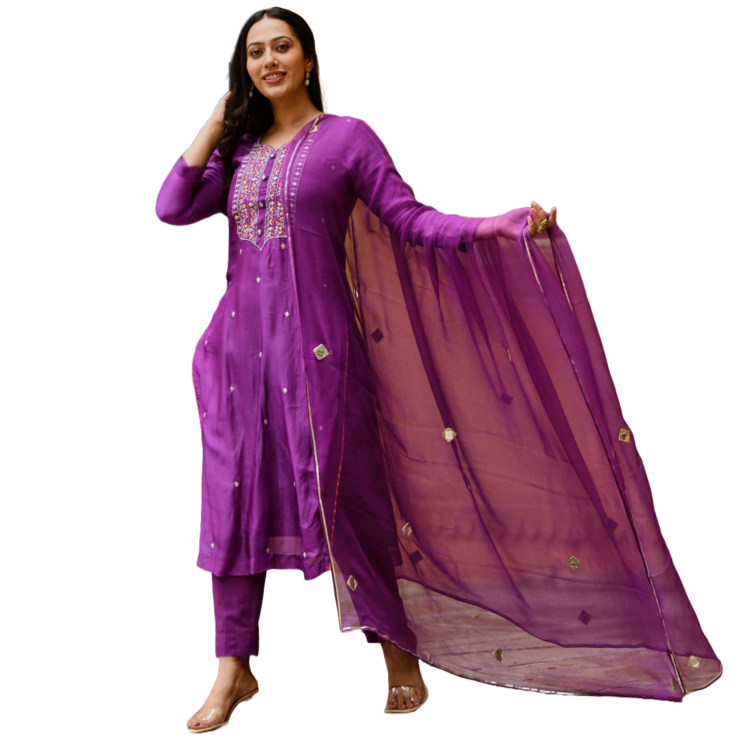 ANNI DESIGNER Womens Cotton Blend Embroidered Straight Kurta with Pant & Dupatta (Kasturi Magenta_S_Magenta_Small)