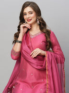 GoSriKi Women s Cotton Blend Straight Kurta with Trousers and Dupatta