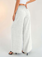Sugathari Womens Off-White Casual Wide Leg Pants  High Waist Elastic Waistband Loose Fit Long Trousers | Lightweight Straight L