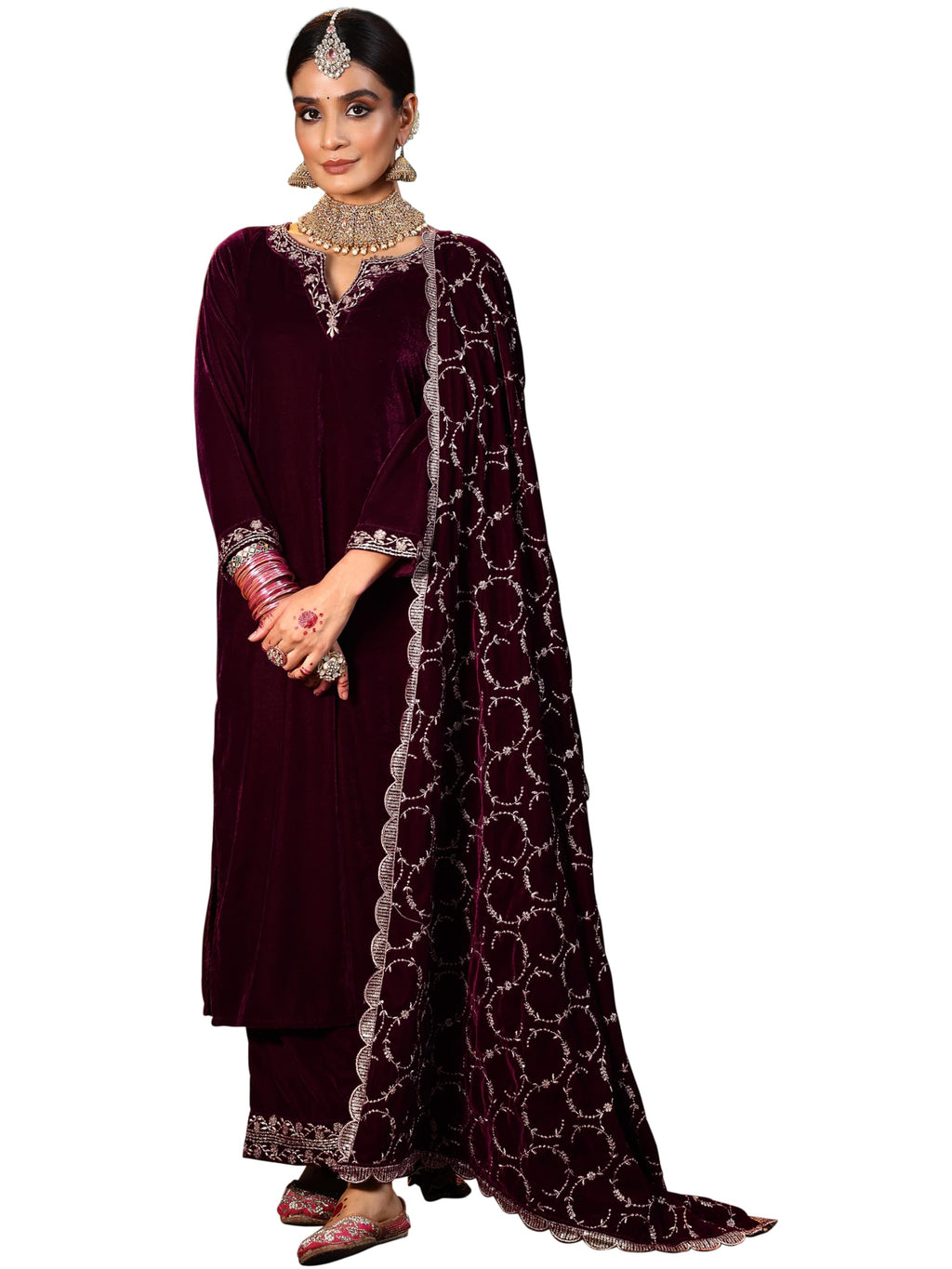 Libas Womens Embellished Velvet Straight Kurta With Palazzos And Dupatta
