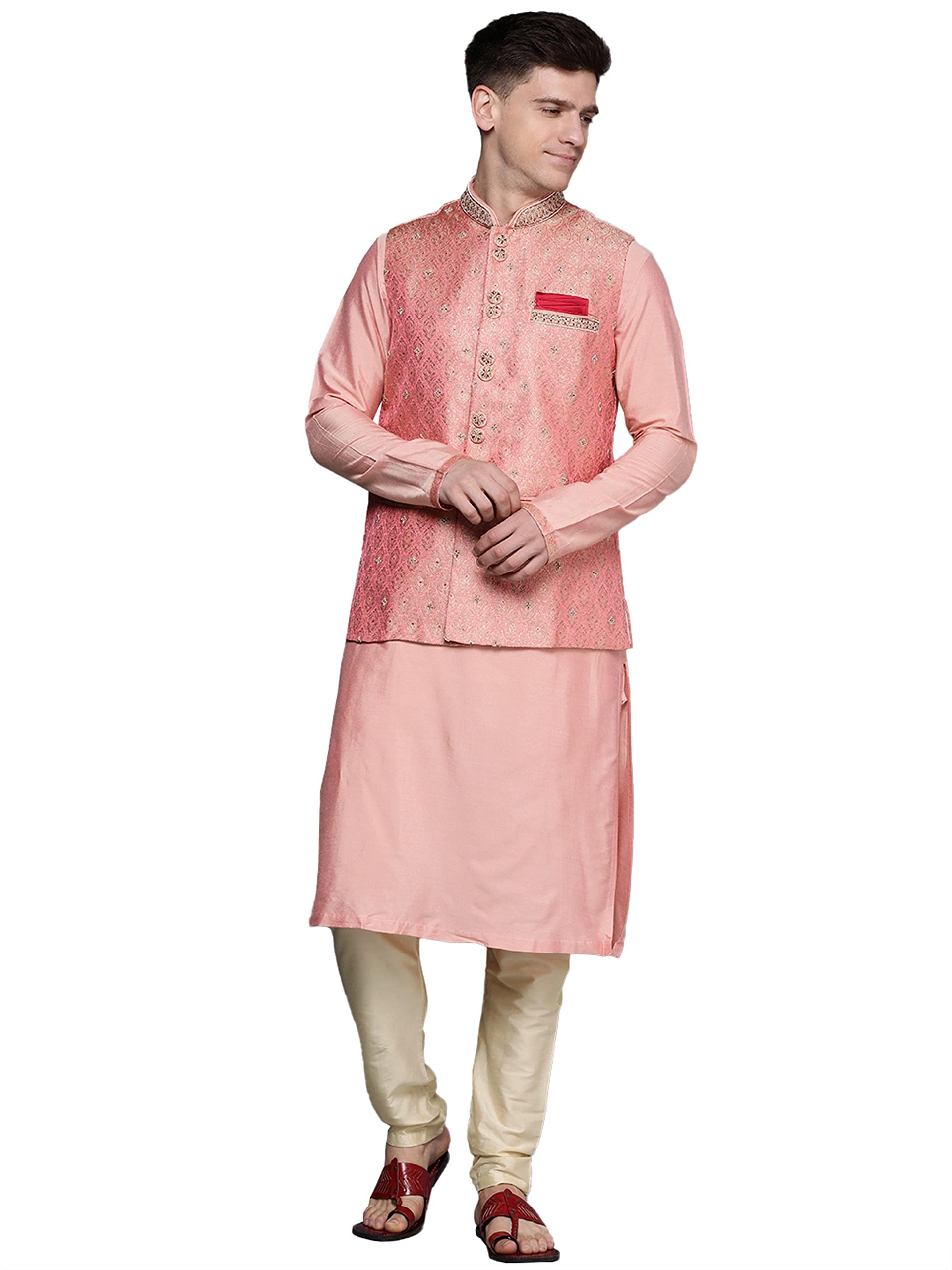 Manyavar Kurta Jacket Set For Men, Full Sleeves Mandarin Collar Ethnic Wear Jacket Set For Anniversary, Wedding, Party Blended V