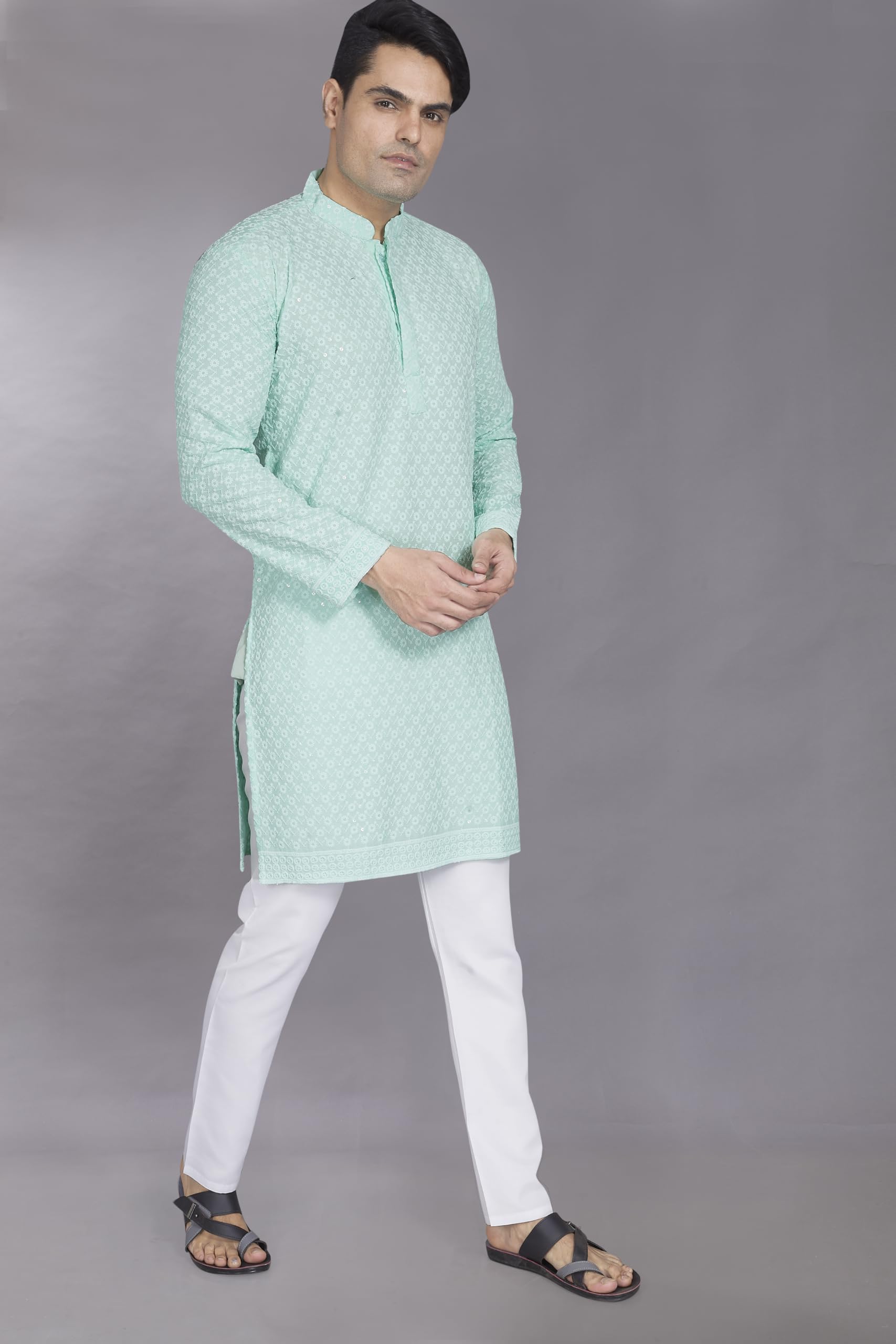 Divisive MenS Sequince Embroidered Cotton Blend Only Slim Fit Kurta (Dkrt881_Xxxl_Sky)