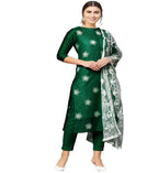 ANNI DESIGNER Women's Ruby Cotton Straight Embroidery Kurti with Pant & Dupatta Set (WHITE-SHOW GREEN_S Green_Small)