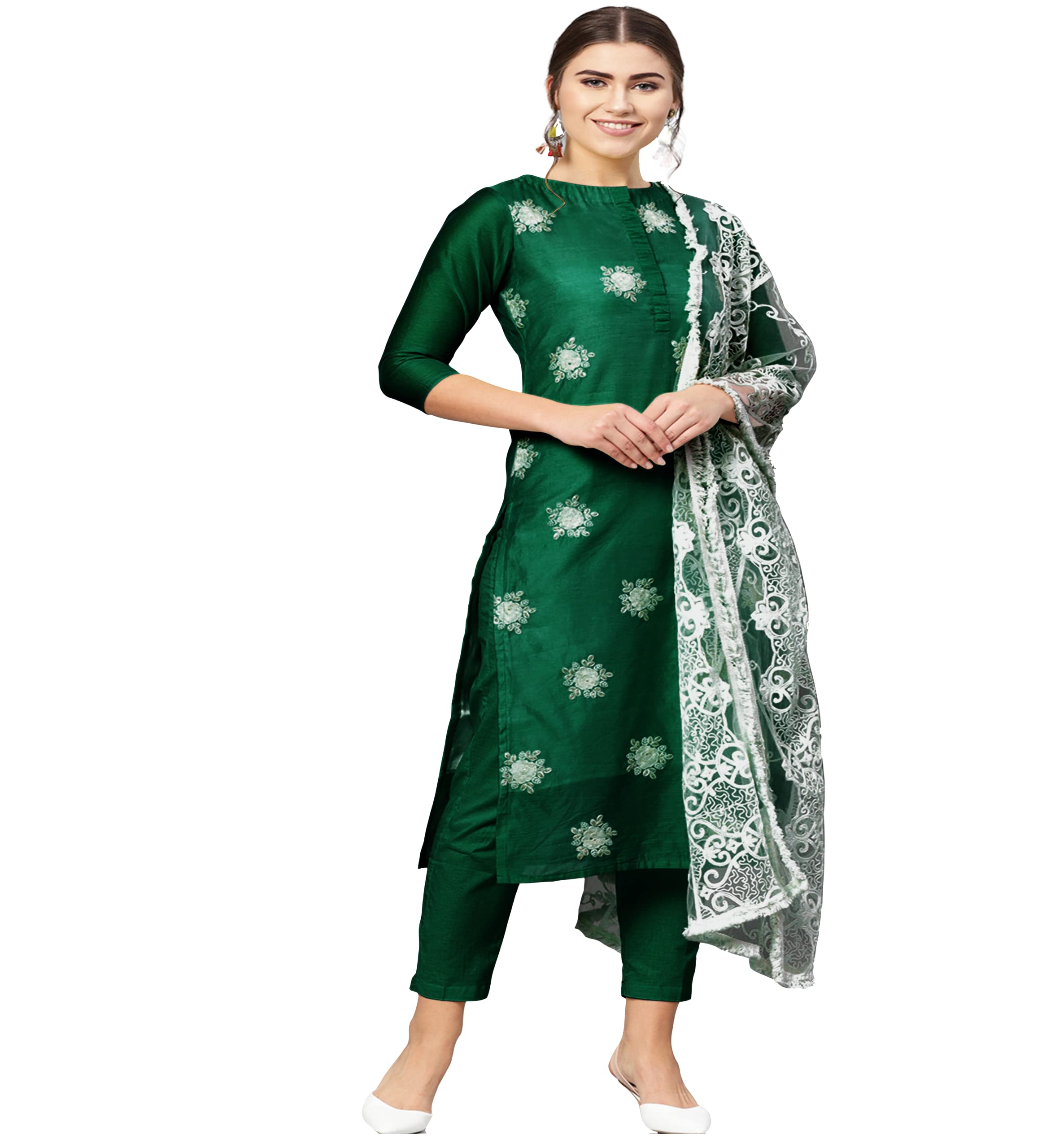 ANNI DESIGNER Women's Ruby Cotton Straight Embroidery Kurti with Pant & Dupatta Set (WHITE-SHOW GREEN_S Green_Small)