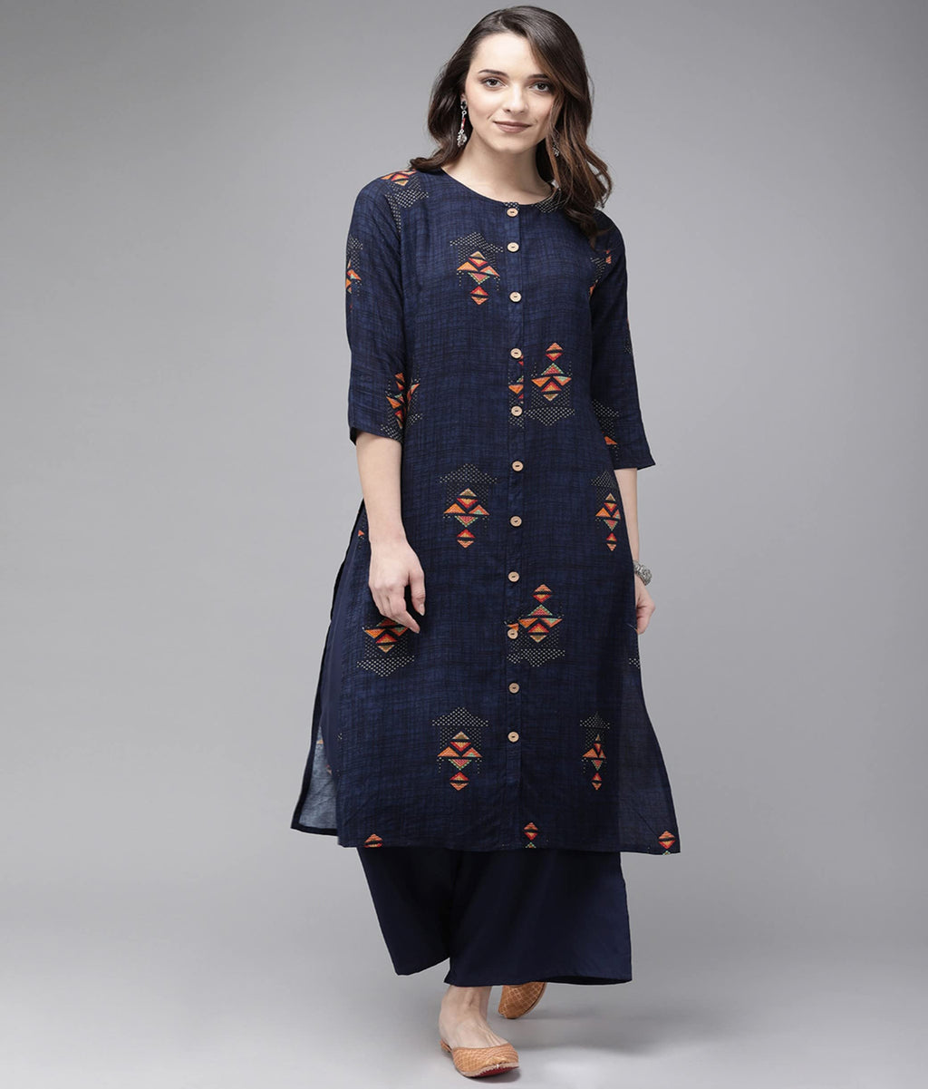 Anni Designer Women'S Cotton Blend Straight Printed Kurta With Palazzo (Ekde Blue_S_Blue_Small)