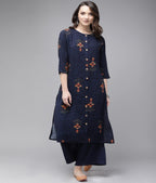 Anni Designer Women'S Cotton Blend Straight Printed Kurta With Palazzo (Ekde Blue_S_Blue_Small)