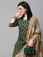 ANNI DESIGNER Ladies Cotton Blend Kurta with Trousers and Dupatta, green, M