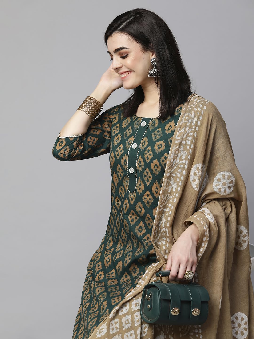 ANNI DESIGNER Ladies Cotton Blend Kurta with Trousers and Dupatta, green, M