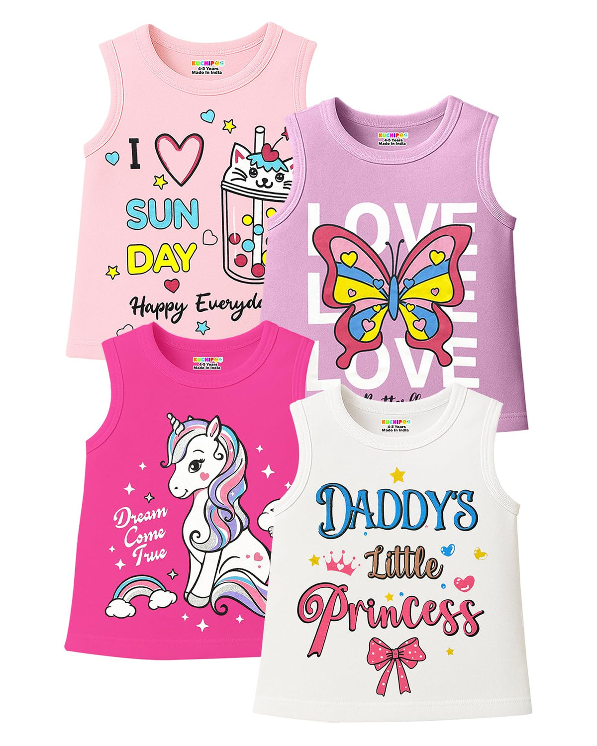 Kuchipoo Girls Regular Fit Sleeveless Cotton TShirts (KucTshrt555, 1824 Months, MultiColored) 18-24