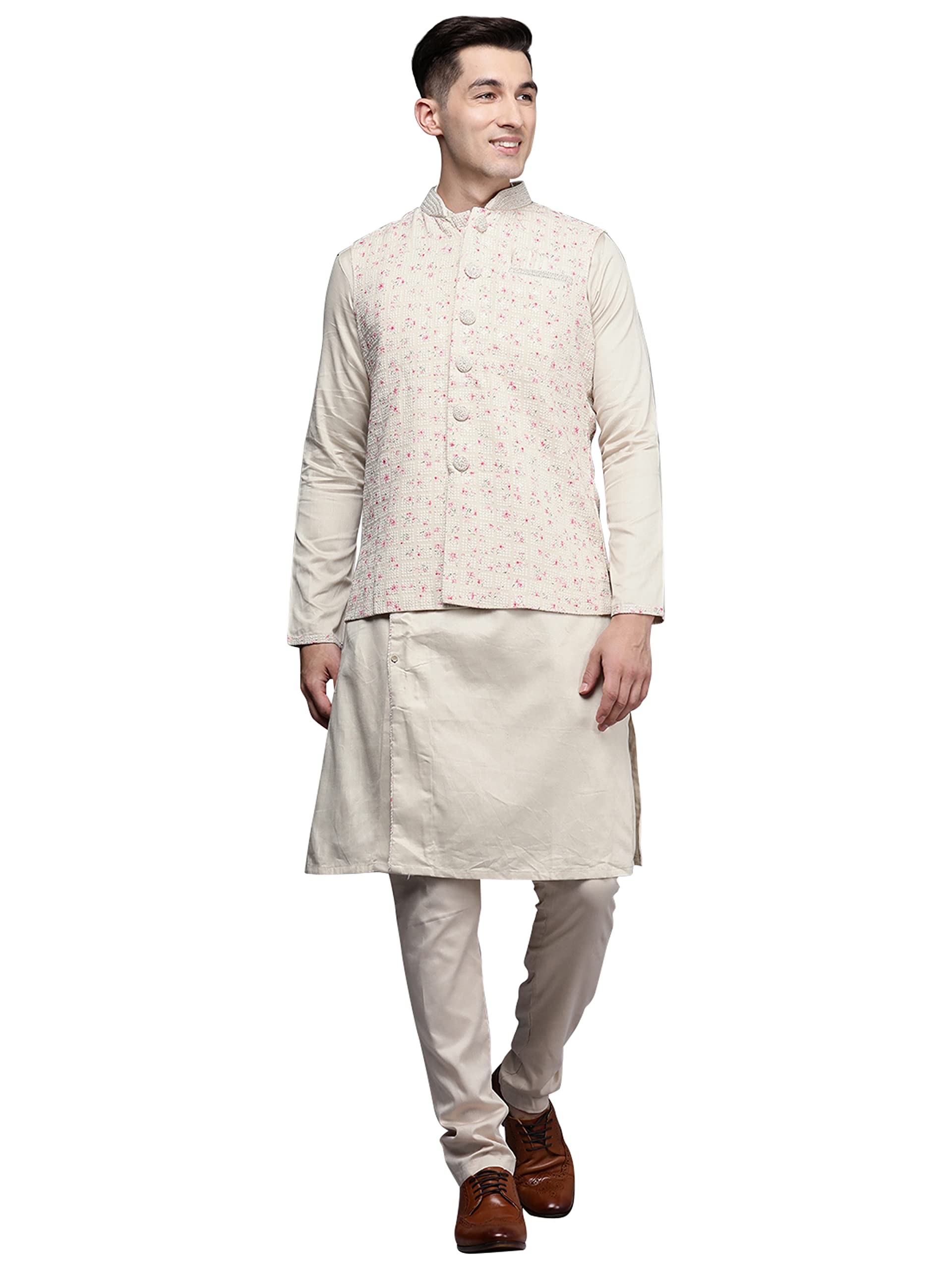 Manyavar Kurta Jacket Set for Men, Full Sleeves Mandarin Collar Ethnic Kurta Jacket Set for Festival, Wedding, Party Cotton Beig