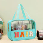 Chenille Letter Patch Clear Bag,Preppy Multi-purpose PVC&Nylon Clear Makeup Bag with Handles,Large Travel Makeup Toiletry Storag