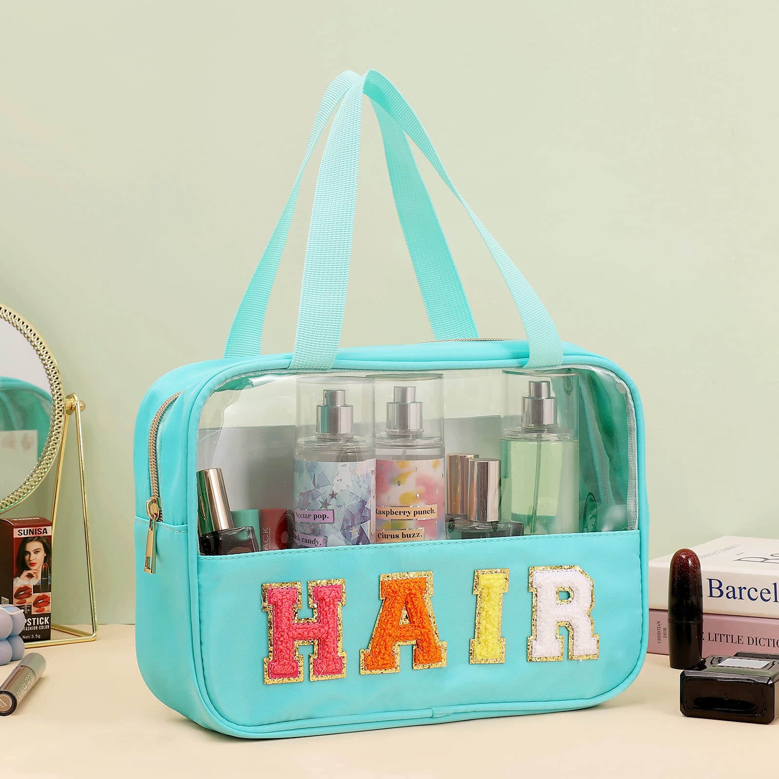 Chenille Letter Patch Clear Bag,Preppy Multi-purpose PVC&Nylon Clear Makeup Bag with Handles,Large Travel Makeup Toiletry Storag