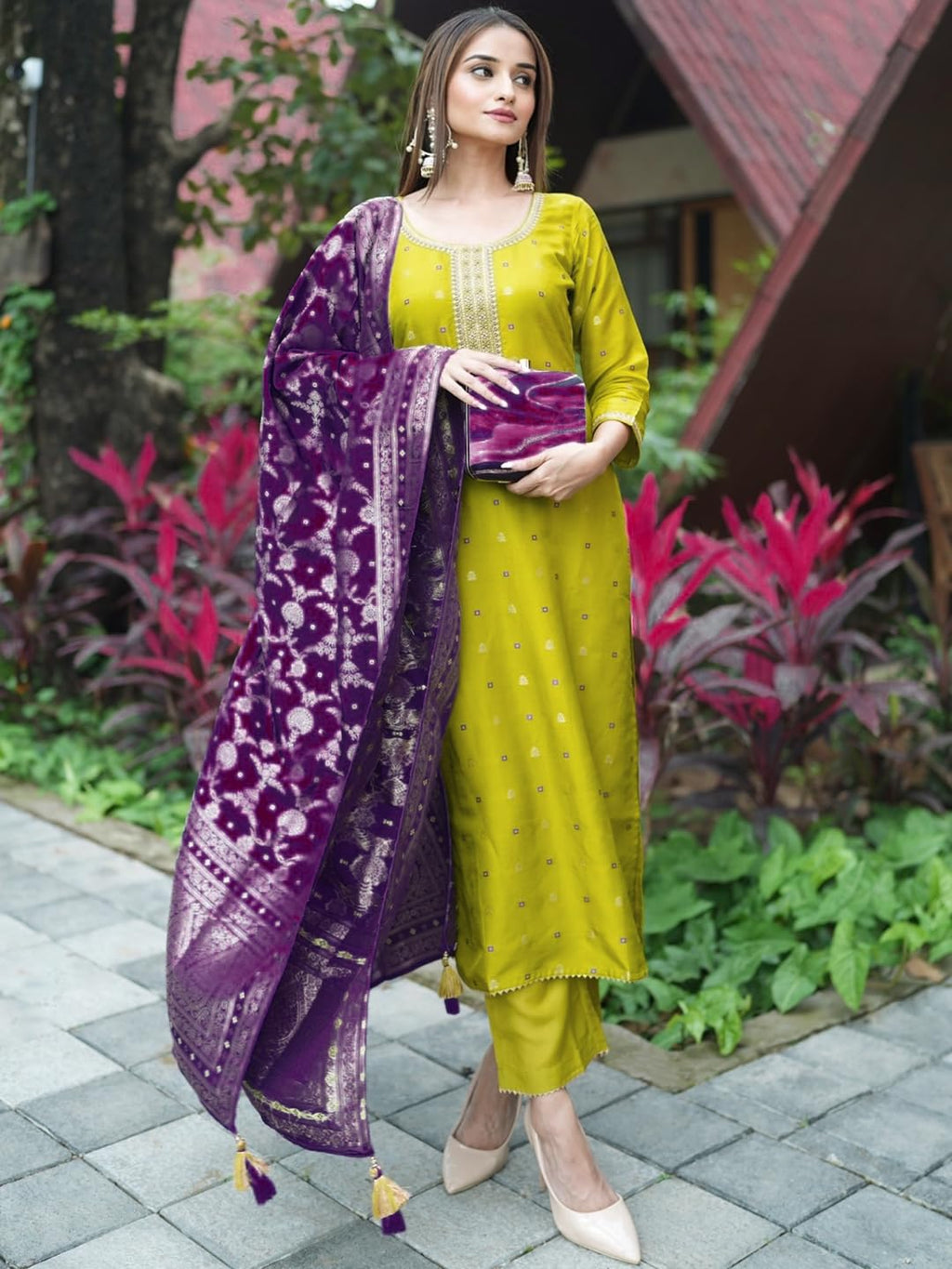 Libas Womens Self Design Silk Straight Kurta With Trousers And Dupatta