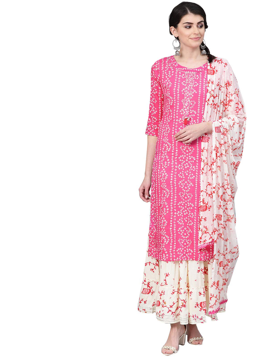 Ishin Women'S Cotton Pink & Off White Printed Gota Patti A-Line Kurta Set With Skirt And Dupatta
