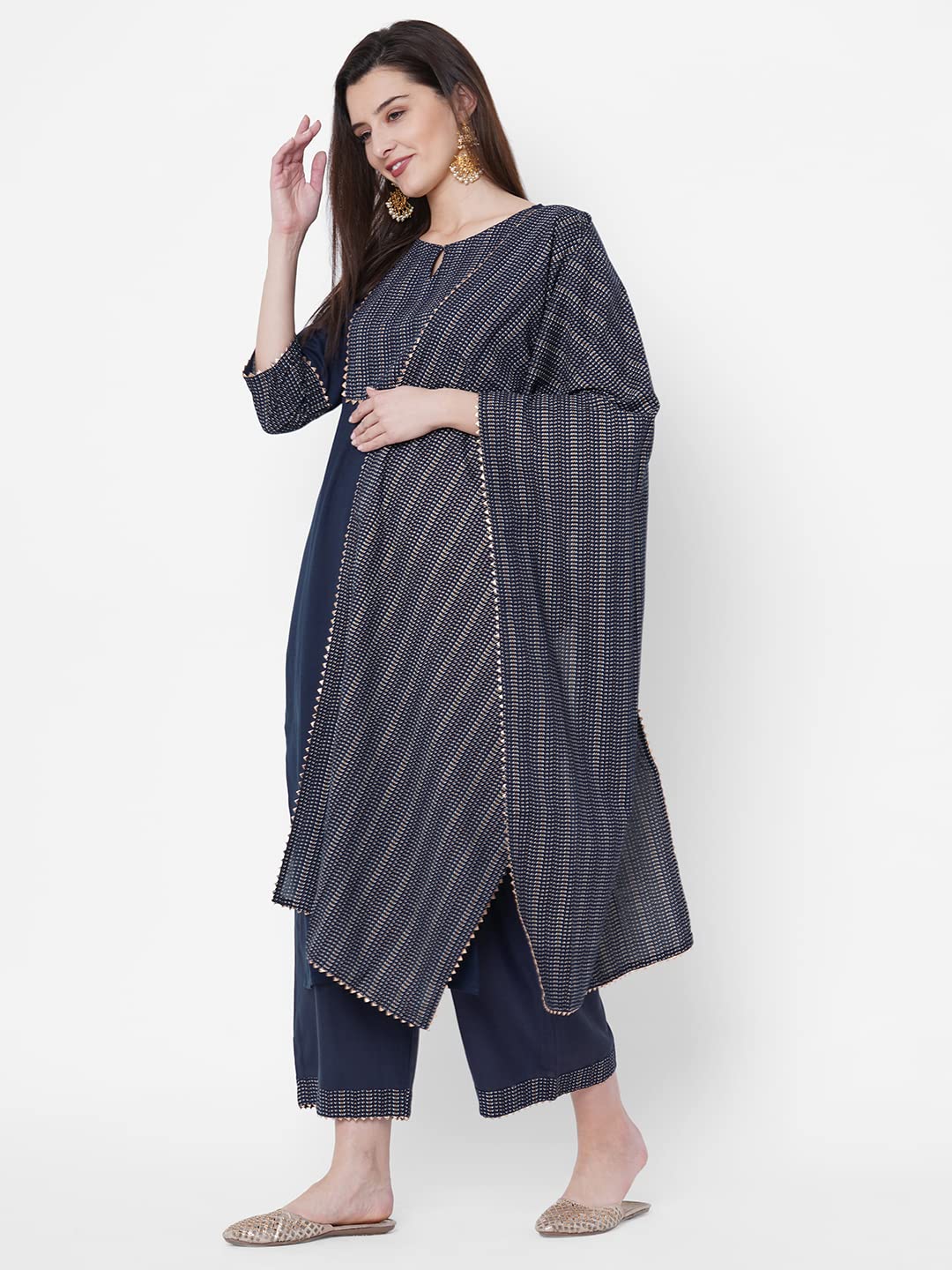 ANNI DESIGNER Womens Cotton Blend Straight Printed Kurta with Pant & Dupatta (Jam001-Dark Blue_S_Dark Blue_Small)