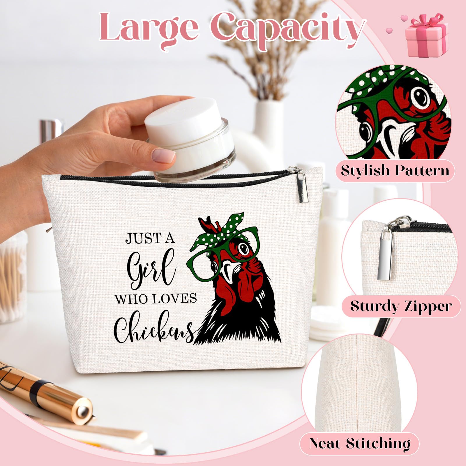 GevGuxLuo Chicken Gifts for Chicken Lovers, Chicken Makeup Bag for Women with Mirror, Chicken Birthday Gifts for Daughter Sister