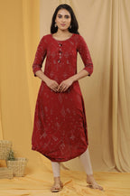 W Women Red Geometric Print Viscose Kurta Set With Tight