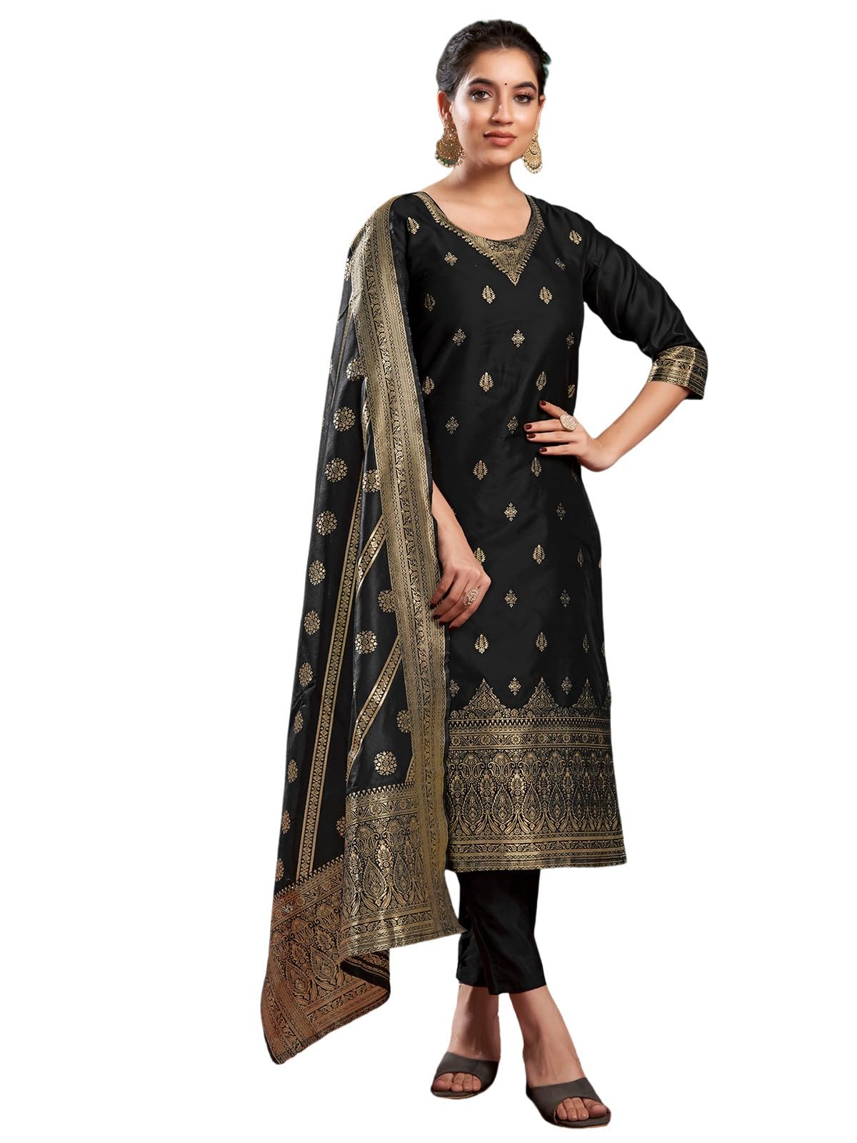 Sanisa Womens Silk Blend Jacquard Work Straight Kurta with Pant and Dupatta Set (217KBD2291NA-XL_Black & Golden)