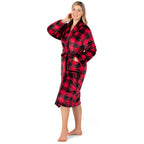 PAVILIA Plush Robe For Women | Buffalo Plaid Red Black Fluffy Soft Bathrobe | Luxurious Fuzzy Warm Spa Robe, Cozy Fleece Long Ro